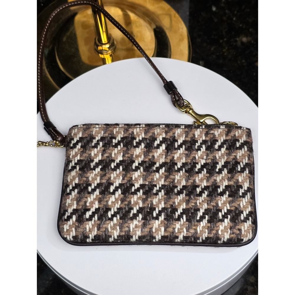 Coach Houndstooth Wool Wristlet Small Brown Tan Tweed Pouch Bag Dark Academia